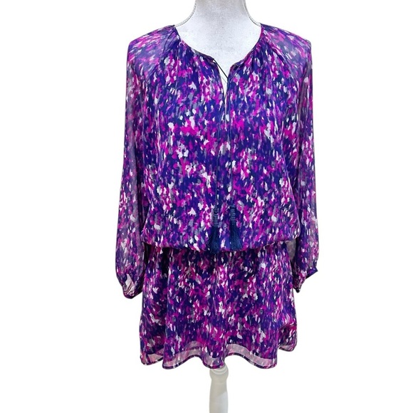 Joie Dresses & Skirts - Joie long sleeve silk mini dress sheer Purple/Pink/navy dress tassel tie small